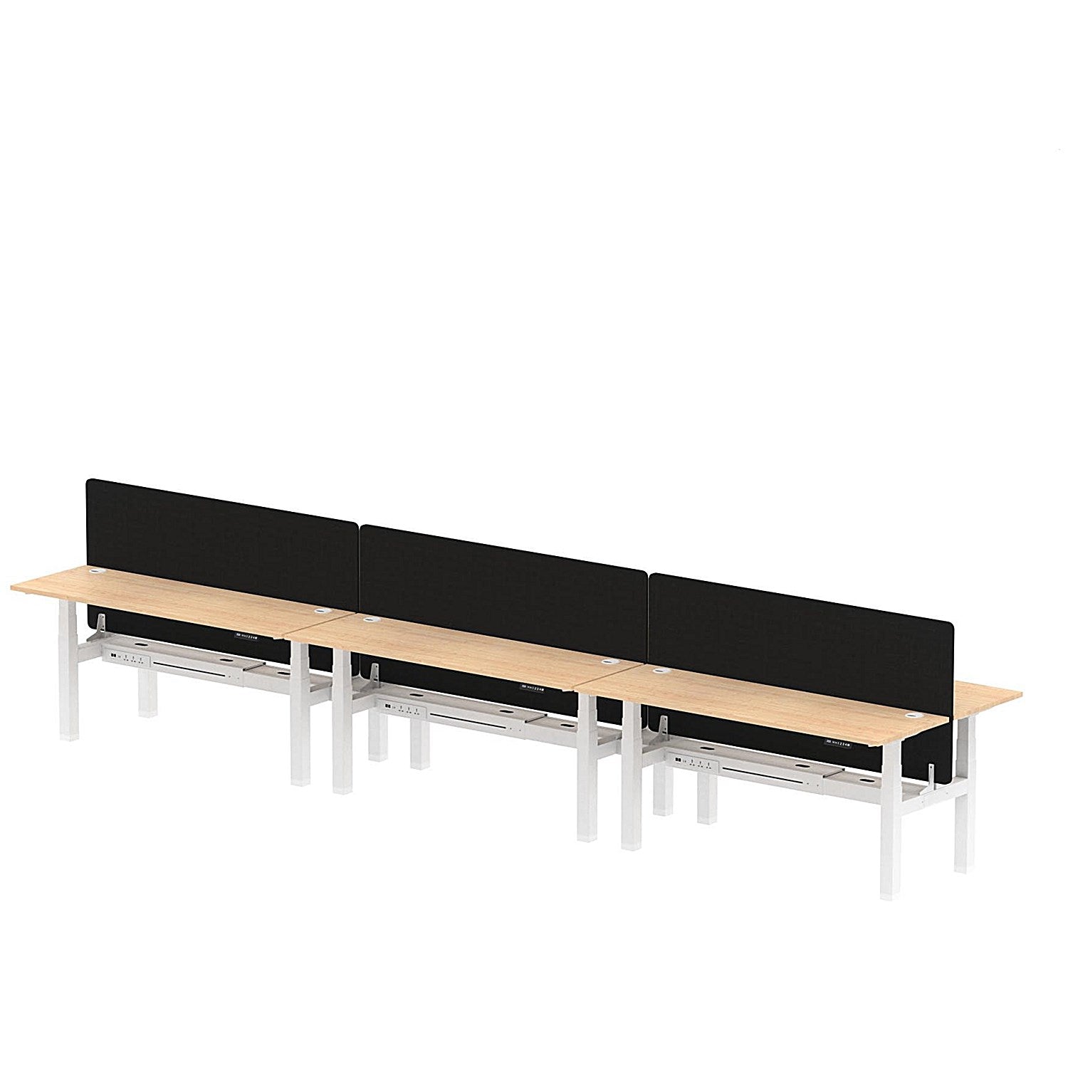 Air 6 Person Sit-Standing Bench Desk with Black Straight Screen, Back to Back, 6 x 1800mm (600mm Deep), White Frame, Maple Easy2Order : HA02591
