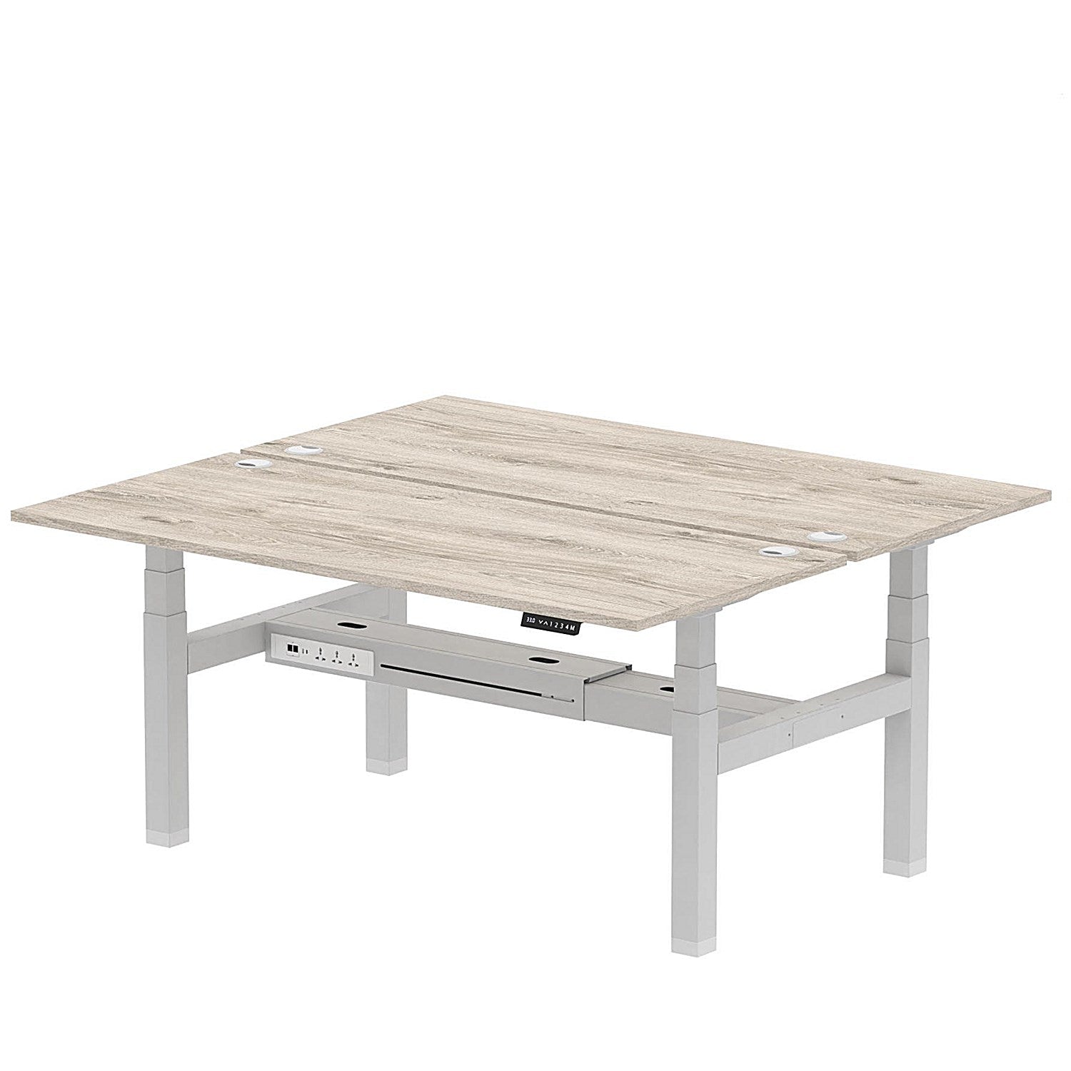 Air 2 Person Sit-Standing Bench Desk, Back to Back, 2 x 1800mm (800mm Deep), Silver Frame, Grey Oak Easy2Order : HA02624