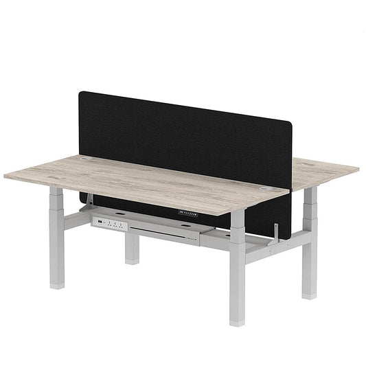 Air 2 Person Sit-Standing Bench Desk with Black Straight Screen, Back to Back, 2 x 1800mm (800mm Deep), Silver Frame, Grey Oak Easy2Order : HA02625