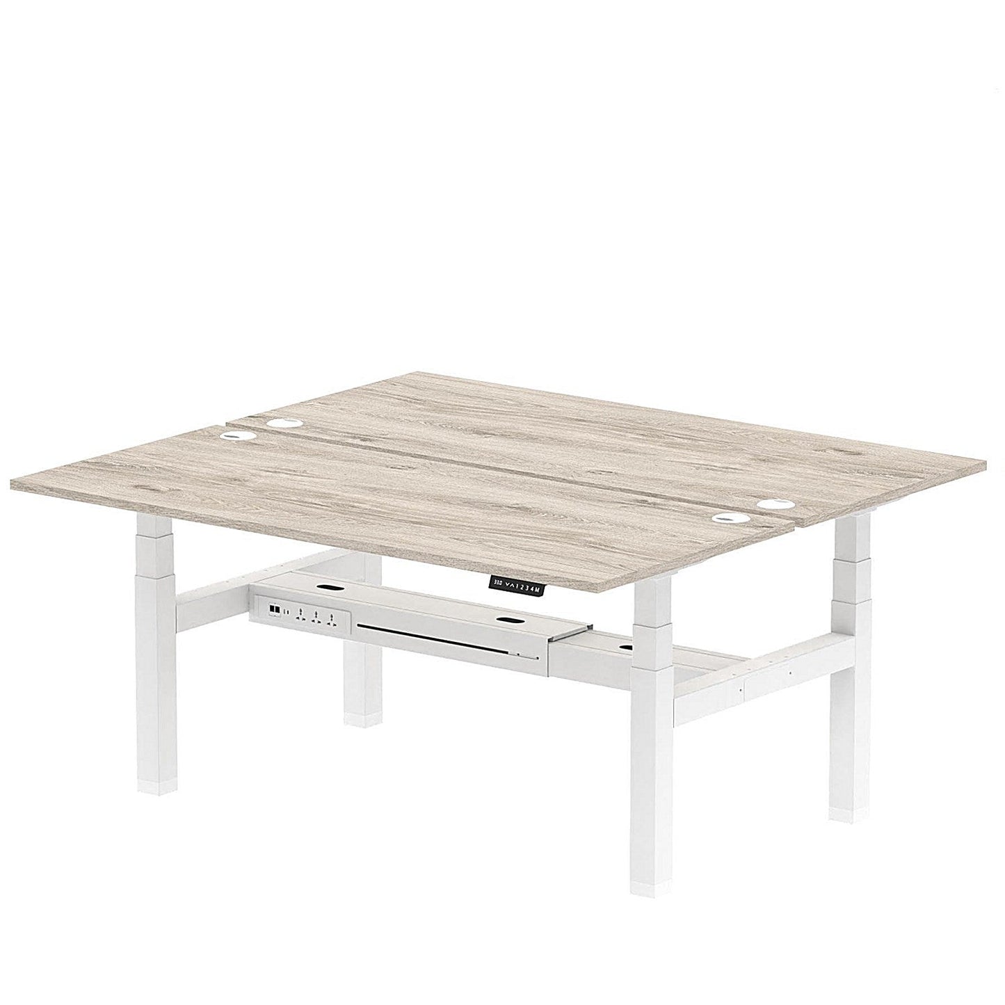 Air 2 Person Sit-Standing Bench Desk, Back to Back, 2 x 1800mm (800mm Deep), White Frame, Grey Oak Easy2Order : HA02626