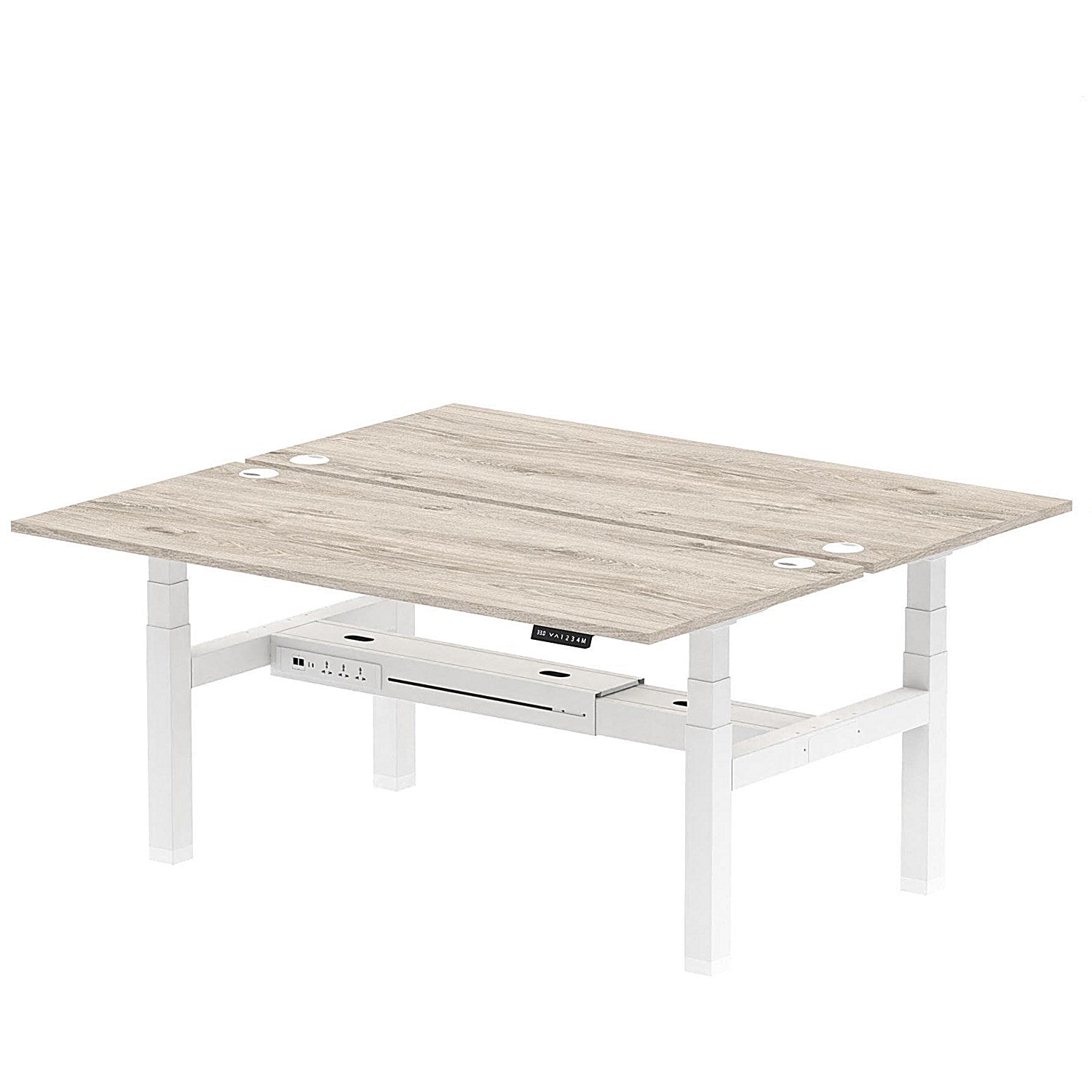 Air 2 Person Sit-Standing Bench Desk, Back to Back, 2 x 1800mm (800mm Deep), White Frame, Grey Oak Easy2Order : HA02626
