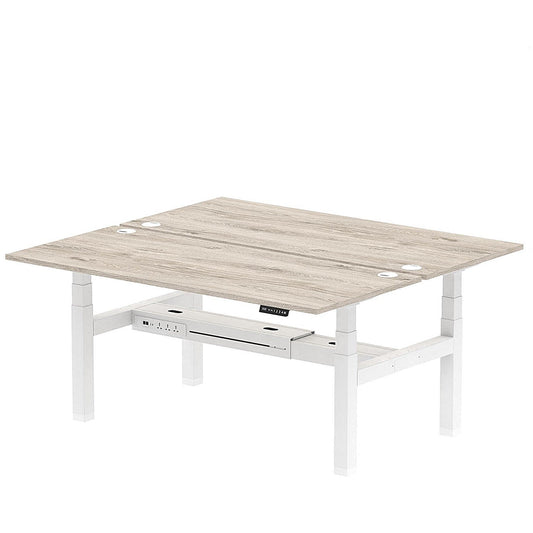 Air 2 Person Sit-Standing Bench Desk, Back to Back, 2 x 1800mm (800mm Deep), White Frame, Grey Oak Easy2Order : HA02626