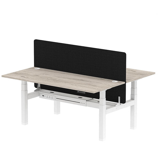 Air 2 Person Sit-Standing Bench Desk with Black Straight Screen, Back to Back, 2 x 1800mm (800mm Deep), White Frame, Grey Oak Easy2Order : HA02627