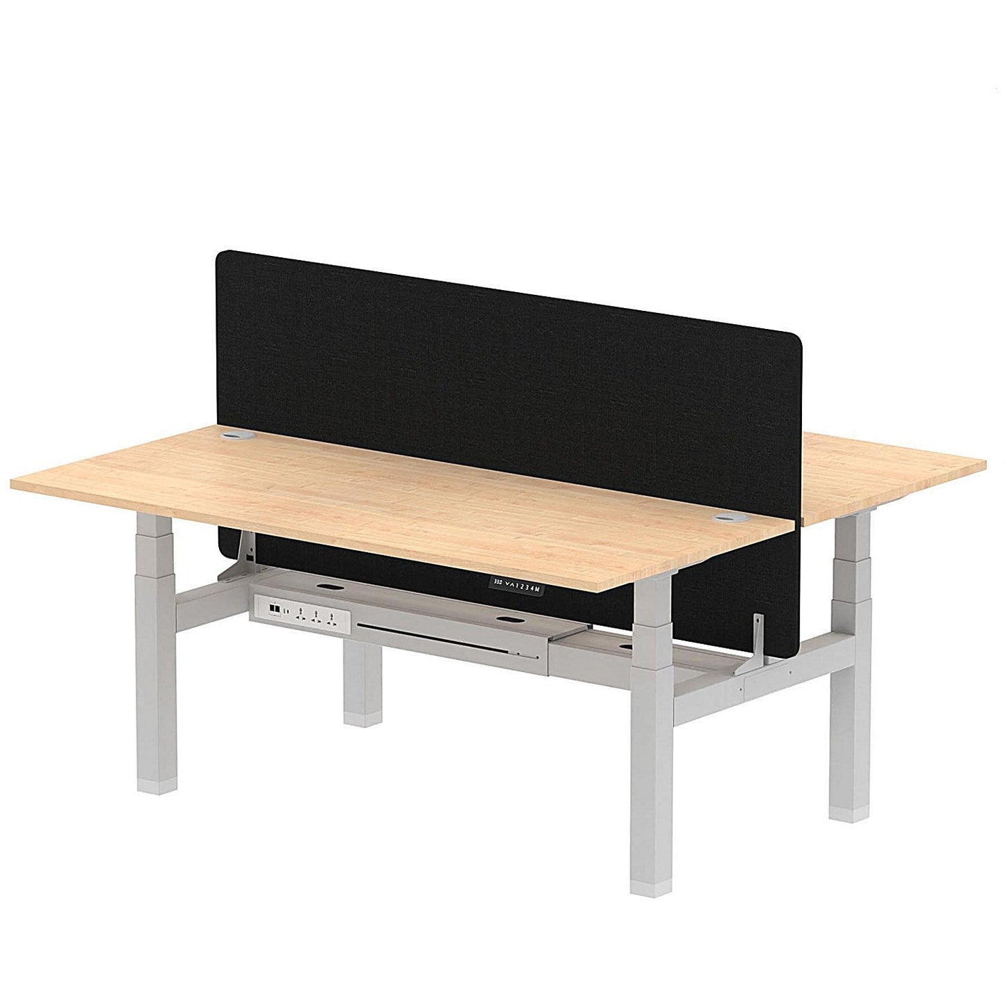 Air 2 Person Sit-Standing Bench Desk with Black Straight Screen, Back to Back, 2 x 1800mm (800mm Deep), Silver Frame, Maple Easy2Order : HA02637