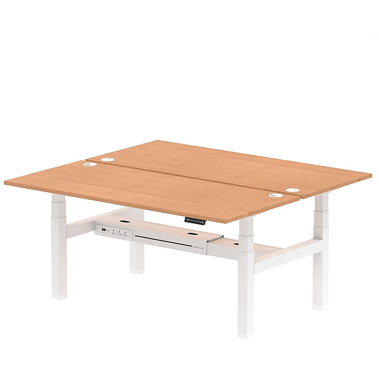 Air 2 Person Sit-Standing Bench Desk, Back to Back, 2 x 1800mm (800mm Deep), White Frame, Oak Easy2Order : HA02650