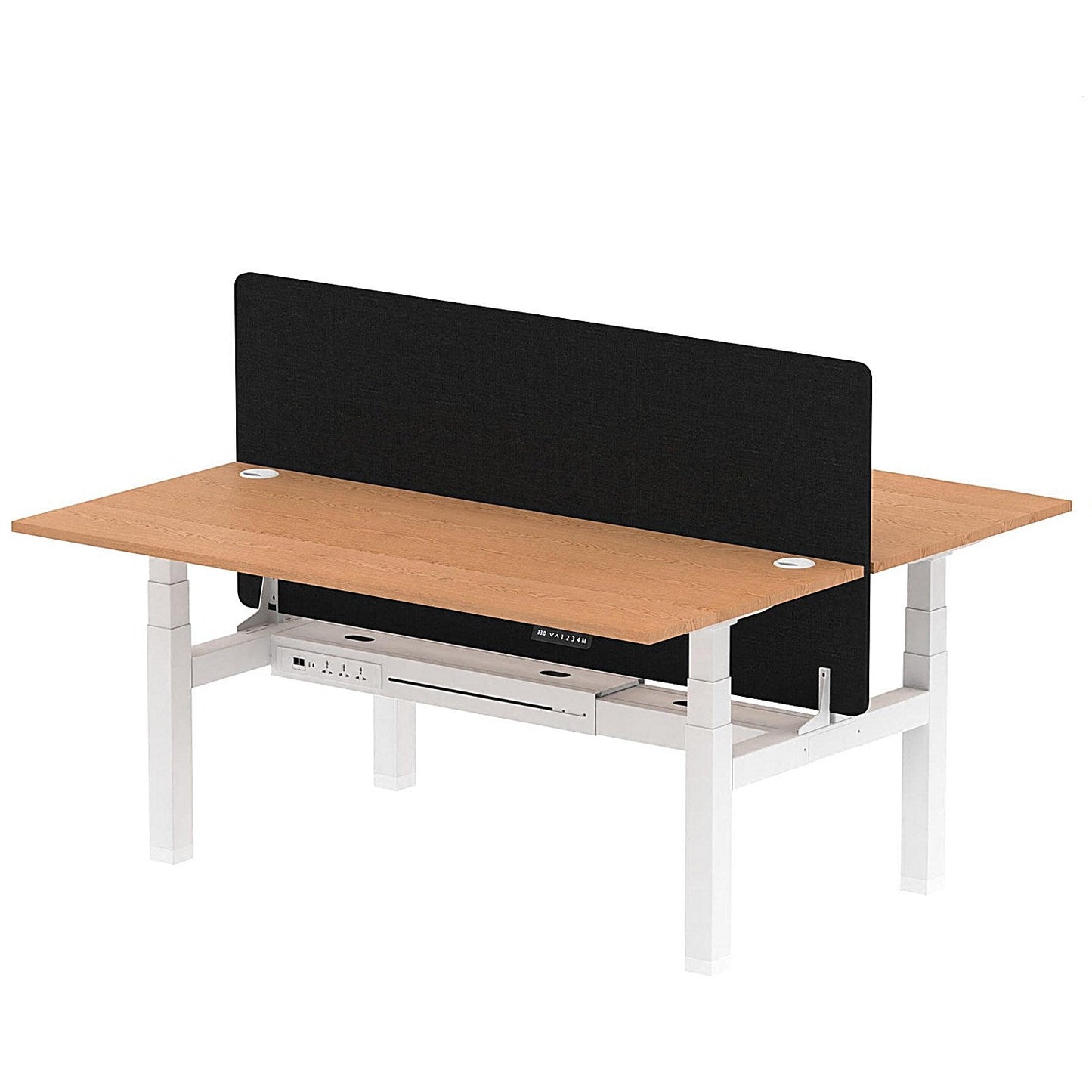 Air 2 Person Sit-Standing Bench Desk with Black Straight Screen, Back to Back, 2 x 1800mm (800mm Deep), White Frame, Oak Easy2Order : HA02651