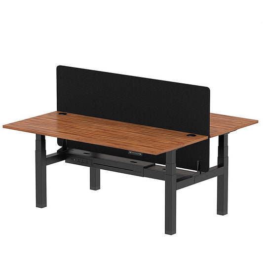 Air 2 Person Sit-Standing Bench Desk with Black Straight Screen, Back to Back, 2 x 1800mm (800mm Deep), Black Frame, Walnut Easy2Order : HA02659