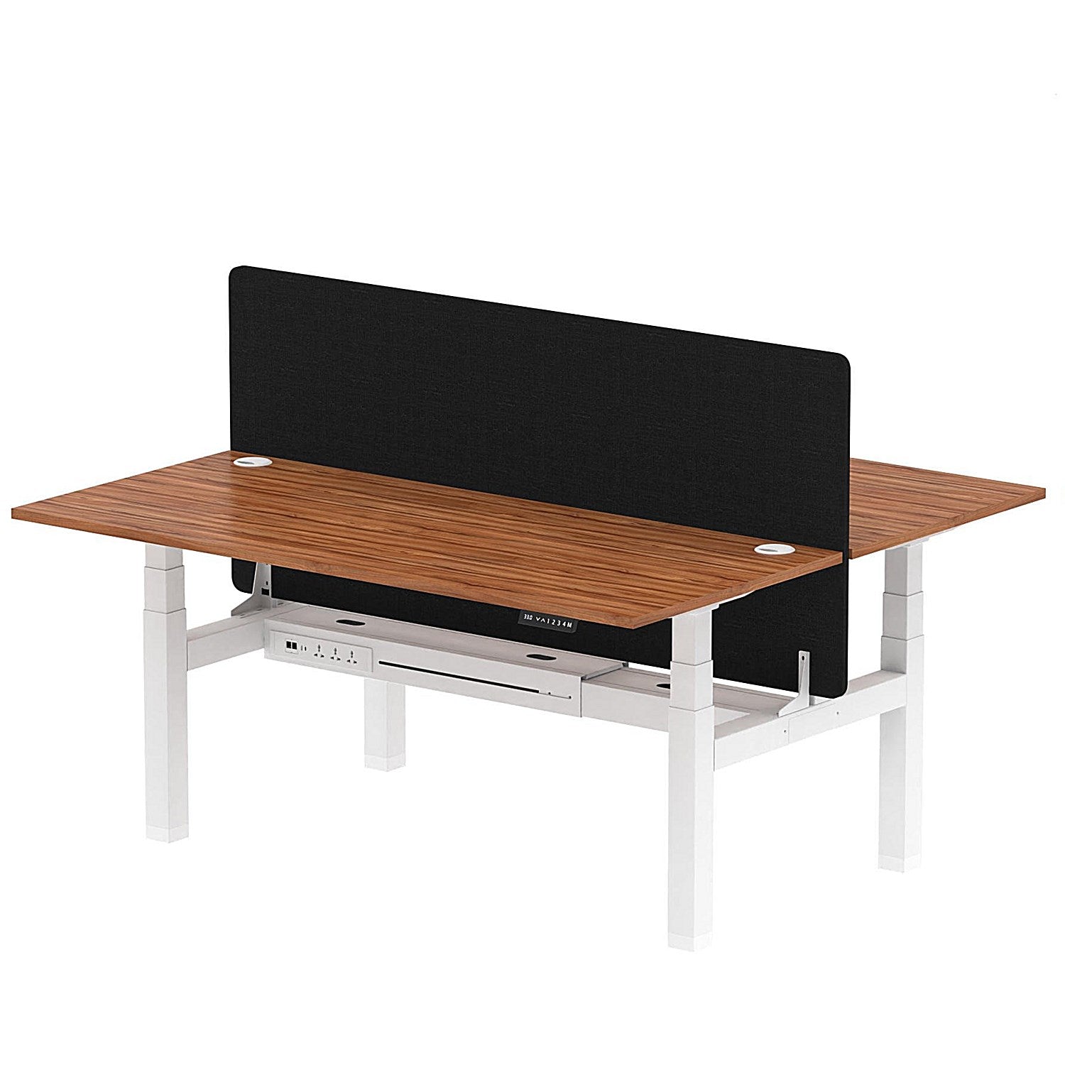 Air 2 Person Sit-Standing Bench Desk with Black Straight Screen, Back to Back, 2 x 1800mm (800mm Deep), White Frame, Walnut Easy2Order : HA02663