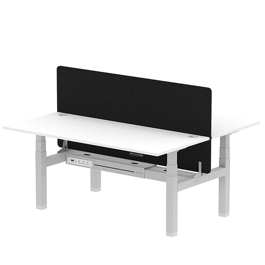 Air 2 Person Sit-Standing Bench Desk with Black Straight Screen, Back to Back, 2 x 1800mm (800mm Deep), Silver Frame, White Easy2Order : HA02673