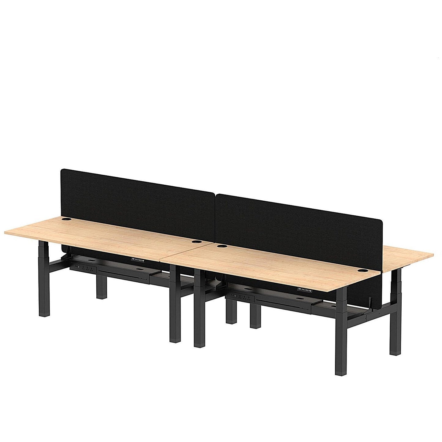 Air 4 Person Sit-Standing Bench Desk with Black Straight Screen, Back to Back, 4 x 1800mm (800mm Deep), Black Frame, Maple Easy2Order : HA02707