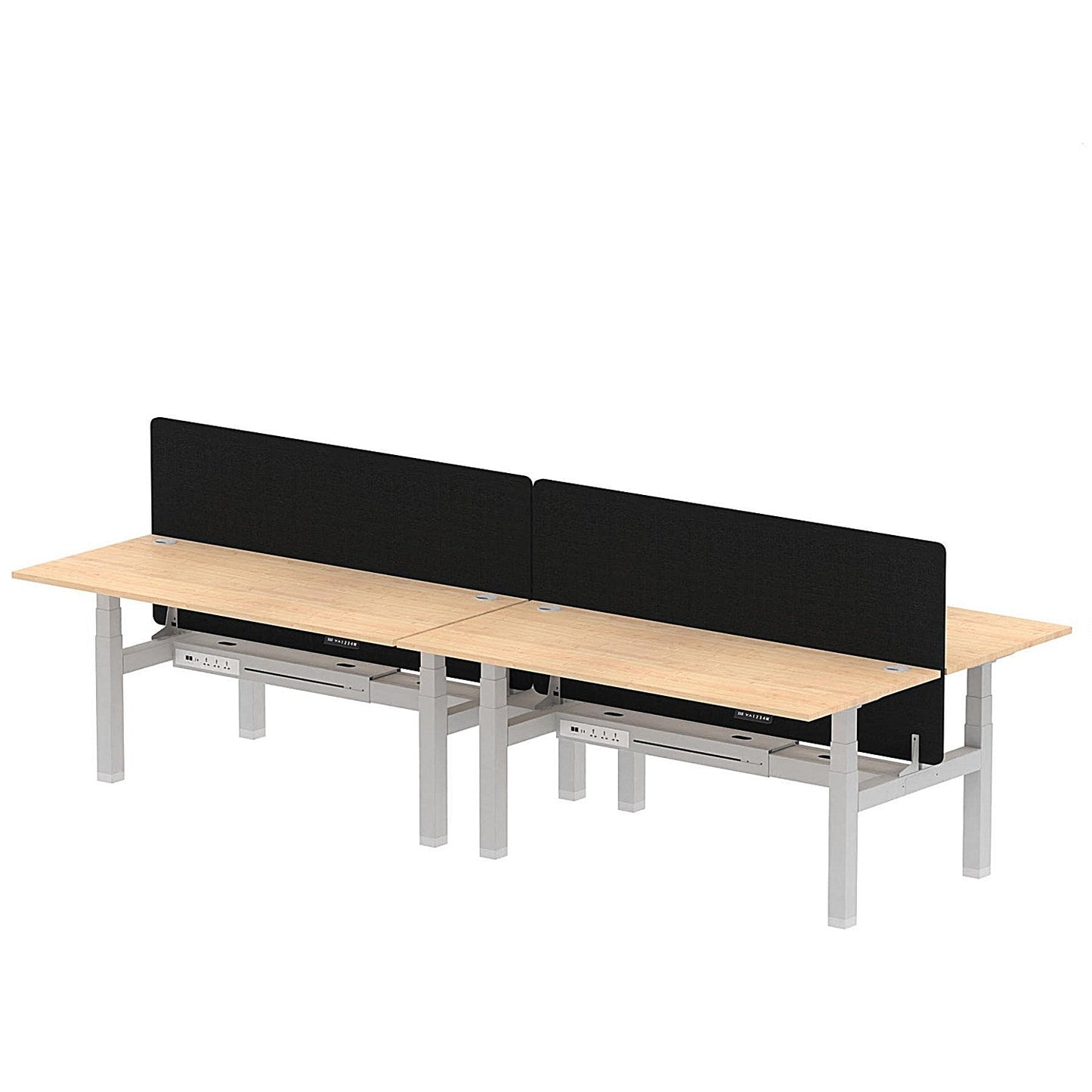 Air 4 Person Sit-Standing Bench Desk with Black Straight Screen, Back to Back, 4 x 1800mm (800mm Deep), Silver Frame, Maple Easy2Order : HA02709