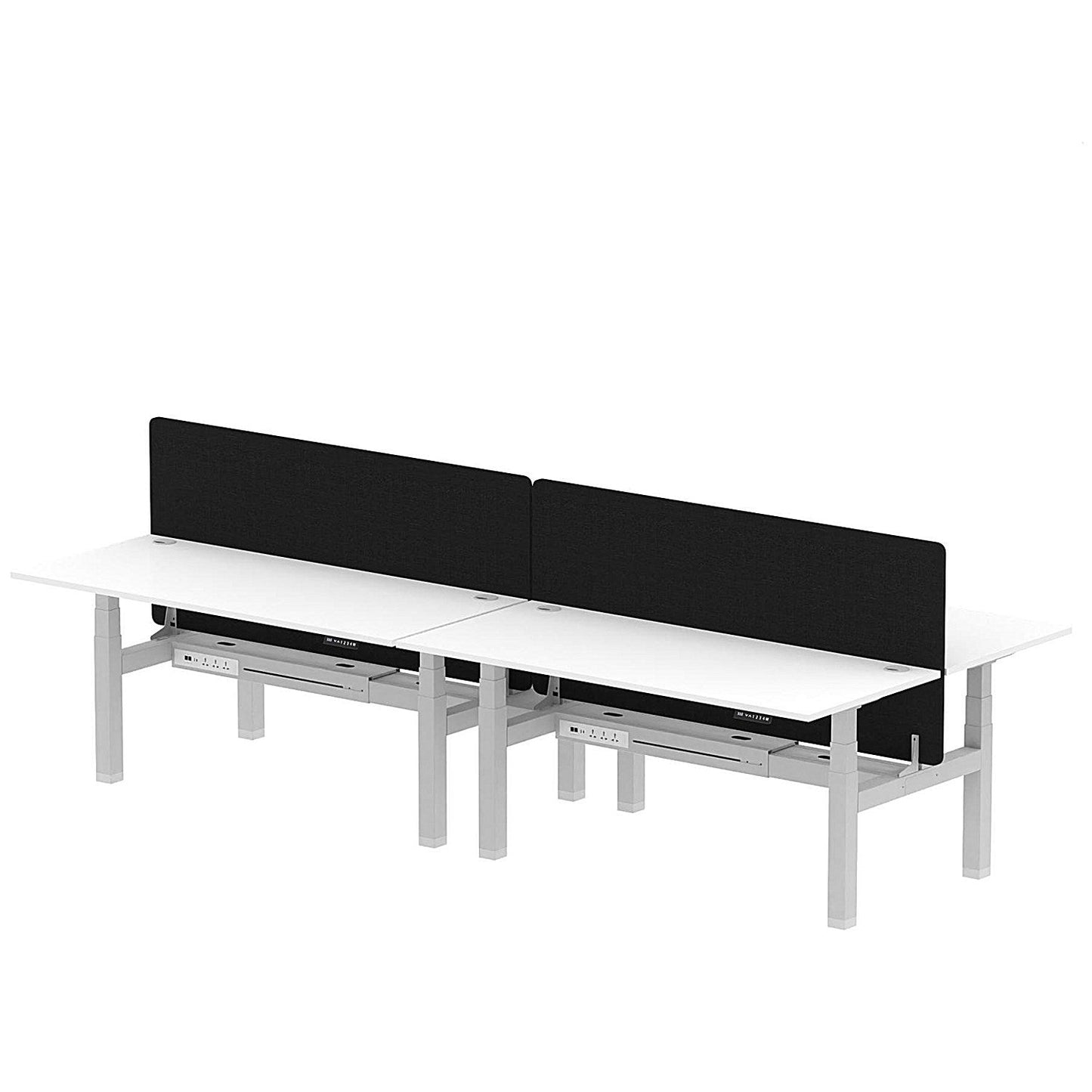 Air 4 Person Sit-Standing Bench Desk with Black Straight Screen, Back to Back, 4 x 1800mm (800mm Deep), Silver Frame, White Easy2Order : HA02745