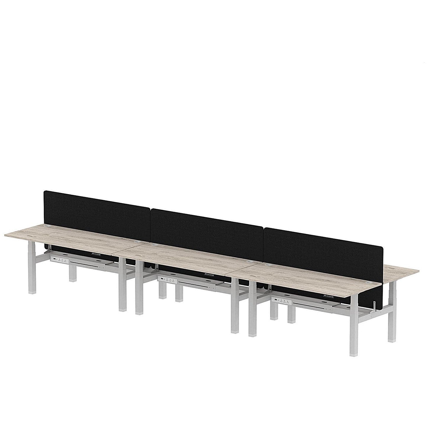 Air 6 Person Sit-Standing Bench Desk with Black Straight Screen, Back to Back, 6 x 1800mm (800mm Deep), Silver Frame, Grey Oak Easy2Order : HA02769