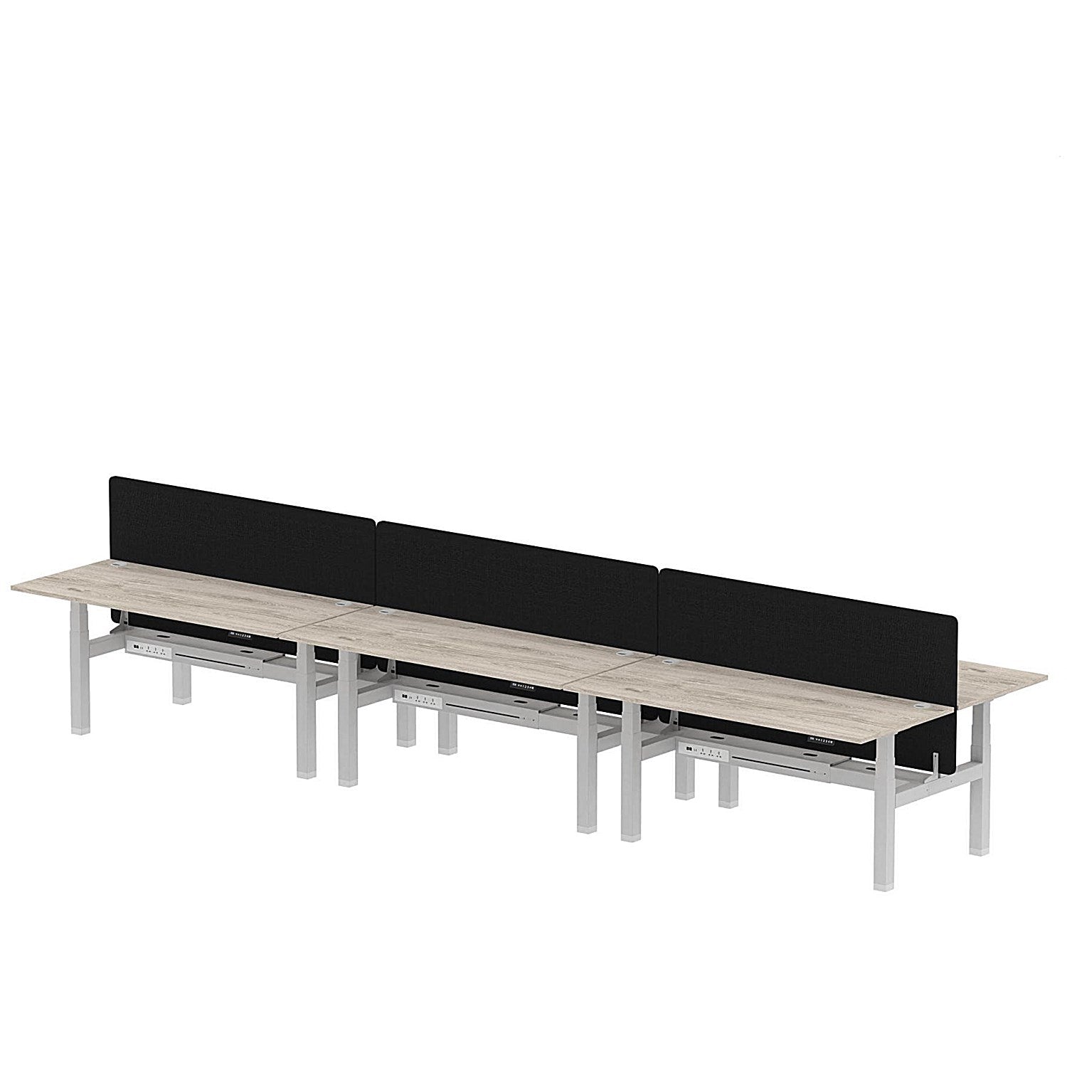 Air 6 Person Sit-Standing Bench Desk with Black Straight Screen, Back to Back, 6 x 1800mm (800mm Deep), Silver Frame, Grey Oak Easy2Order : HA02769