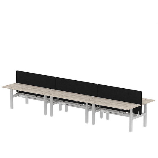 Air 6 Person Sit-Standing Bench Desk with Black Straight Screen, Back to Back, 6 x 1800mm (800mm Deep), Silver Frame, Grey Oak Easy2Order : HA02769