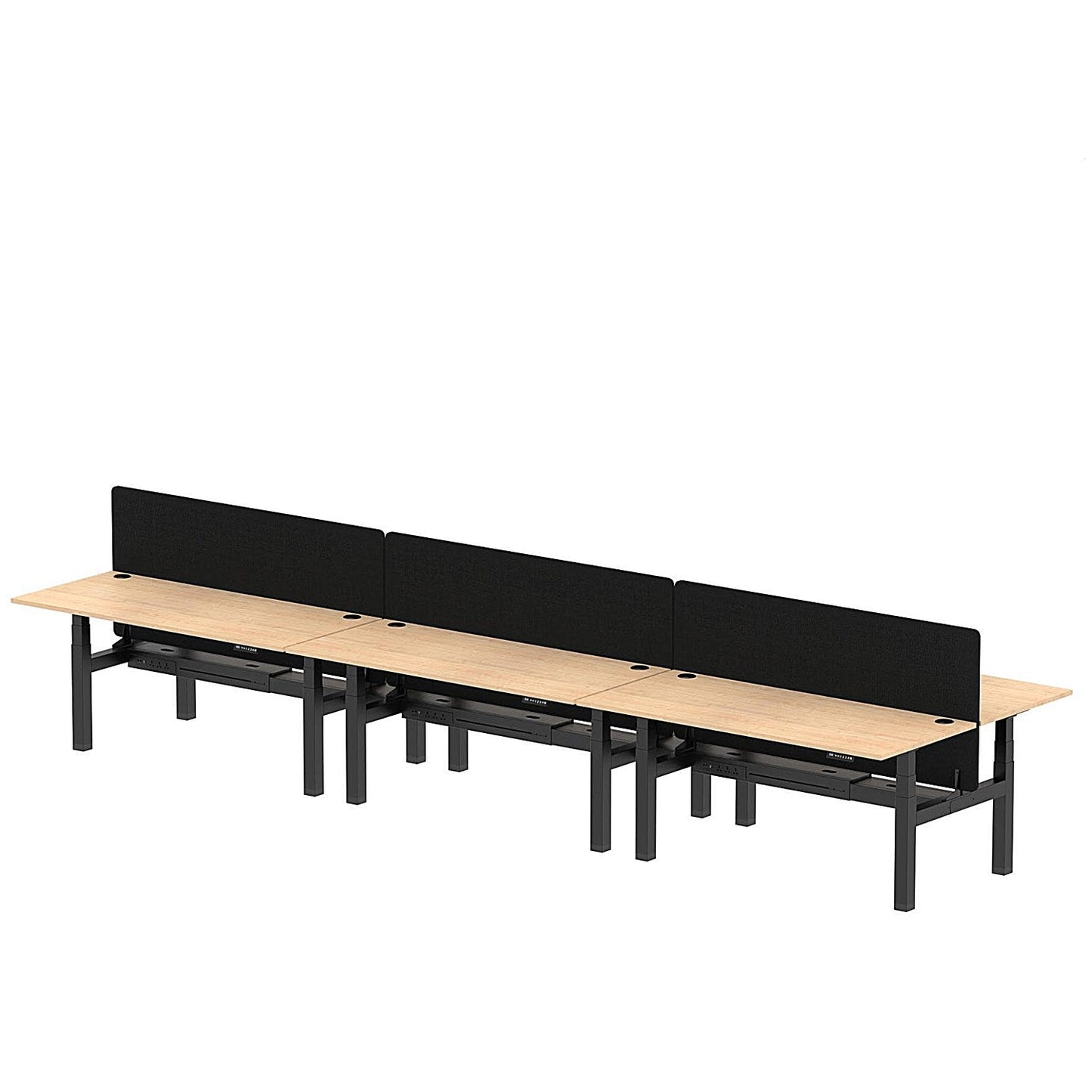 Air 6 Person Sit-Standing Bench Desk with Black Straight Screen, Back to Back, 6 x 1800mm (800mm Deep), Black Frame, Maple Easy2Order : HA02779