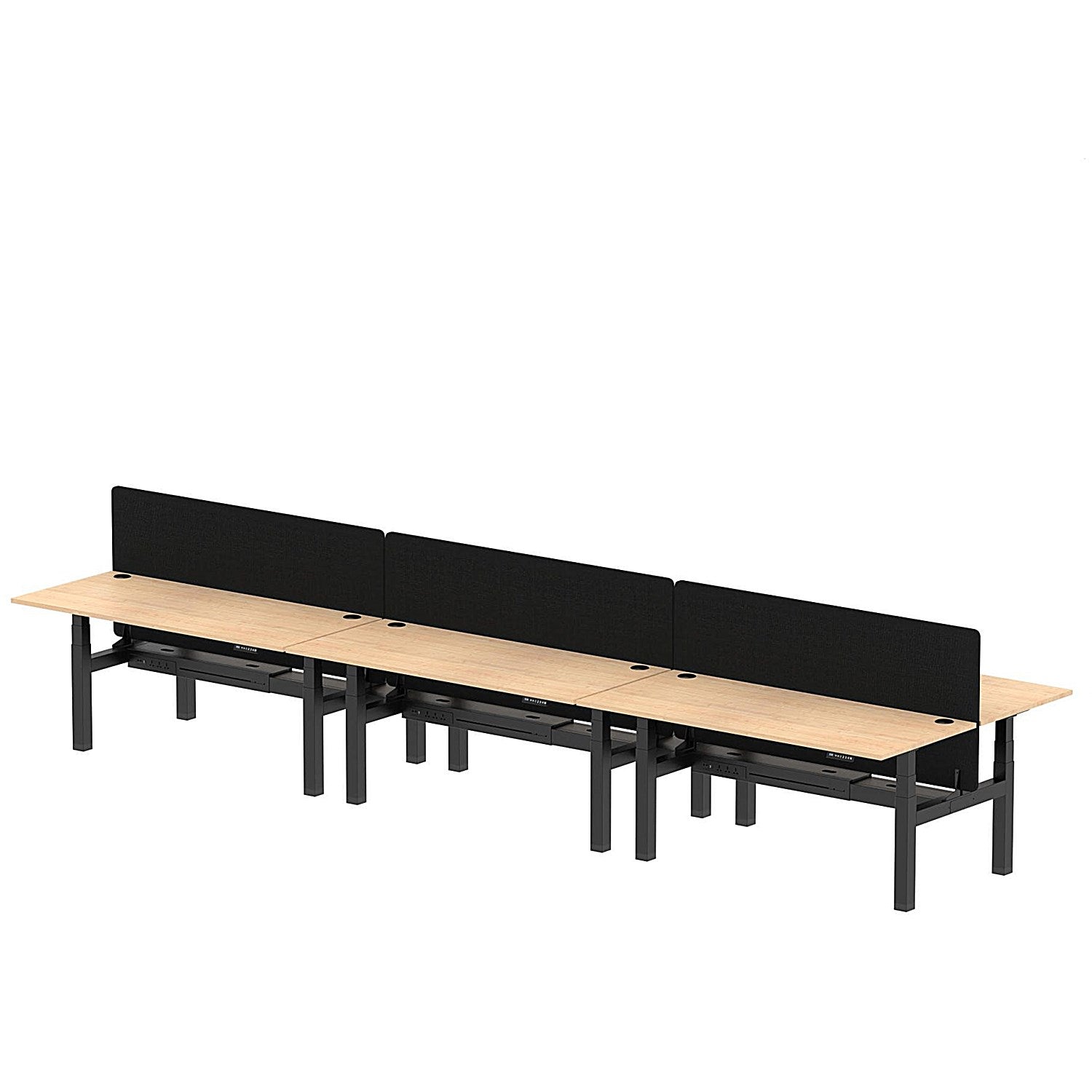 Air 6 Person Sit-Standing Bench Desk with Black Straight Screen, Back to Back, 6 x 1800mm (800mm Deep), Black Frame, Maple Easy2Order : HA02779