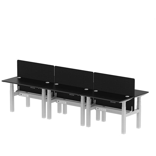 Air 6 Person Sit-Standing Bench Desk with Black Straight Screen, Back to Back, 6 x 1200mm (600mm Deep), Silver Frame, Black Easy2Order : HA02841