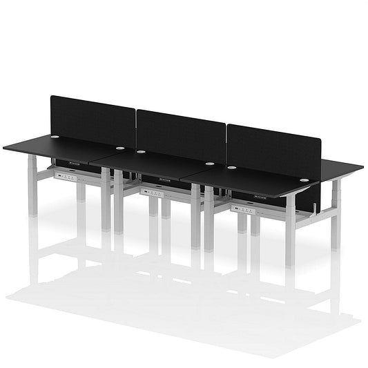 Air 6 Person Sit-Standing Bench Desk with Black Straight Screen, Back to Back, 6 x 1200mm (800mm Deep), Silver Frame, Black Easy2Order : HA02871