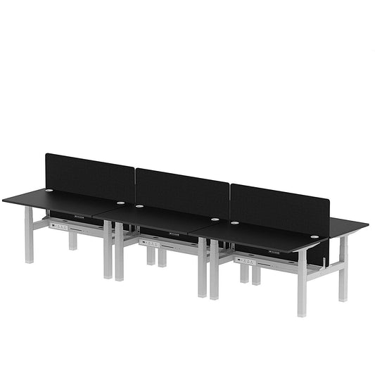 Air 6 Person Sit-Standing Bench Desk with Black Straight Screen, Back to Back, 6 x 1400mm (800mm Deep), Silver Frame, Black Easy2Order : HA02925