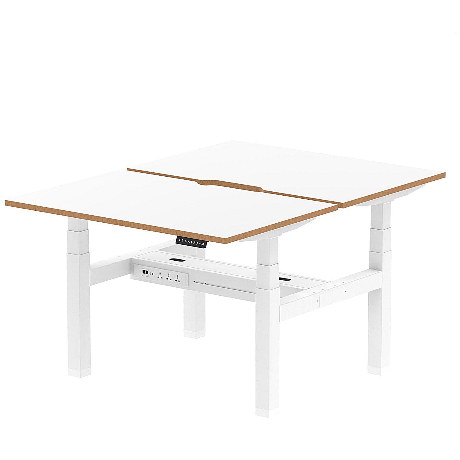 Oslo 2 Person Sit-Standing Bench Desk, Back to Back, 2 x 1200mm (800mm Deep), White Frame, White with Wooden Edge Easy2Order : HA03042