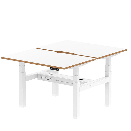 Oslo 2 Person Sit-Standing Bench Desk, Back to Back, 2 x 1200mm (800mm Deep), White Frame, White with Wooden Edge Easy2Order : HA03042