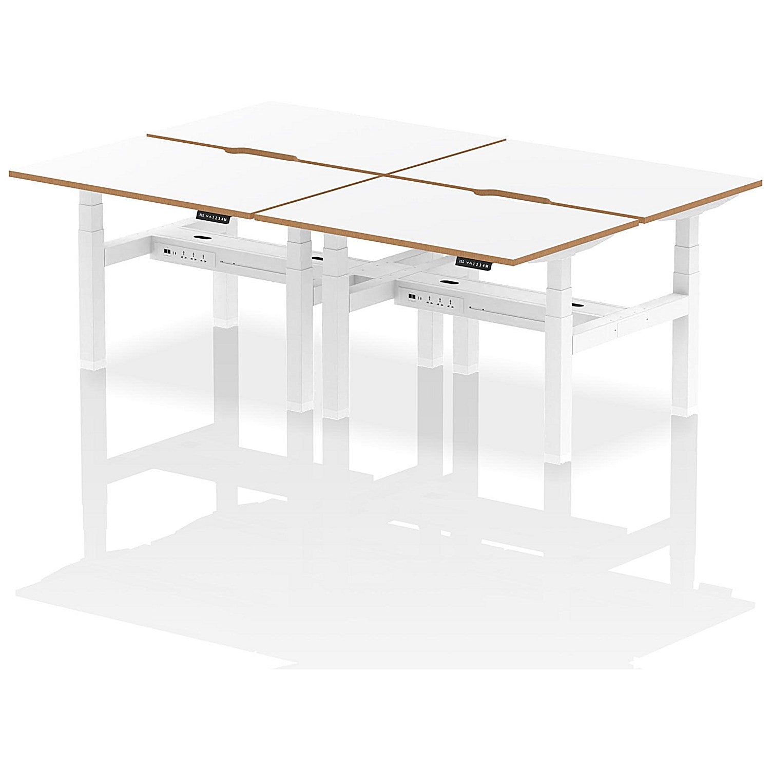Oslo 4 Person Sit-Standing Bench Desk, Back to Back, 4 x 1200mm (800mm Deep), White Frame, White with Wooden Edge Easy2Order : HA03043