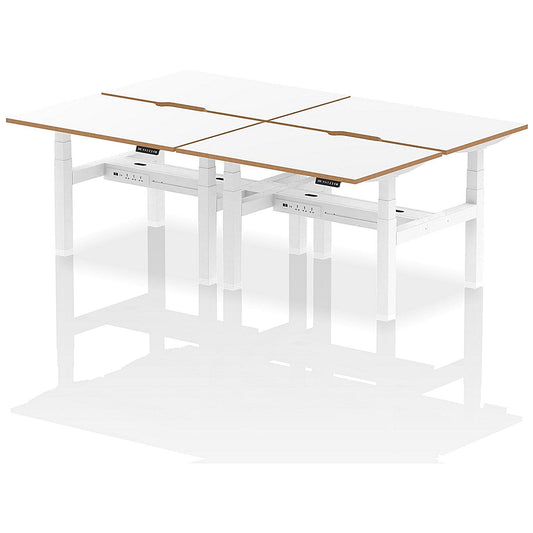 Oslo 4 Person Sit-Standing Bench Desk, Back to Back, 4 x 1200mm (800mm Deep), White Frame, White with Wooden Edge Easy2Order : HA03043
