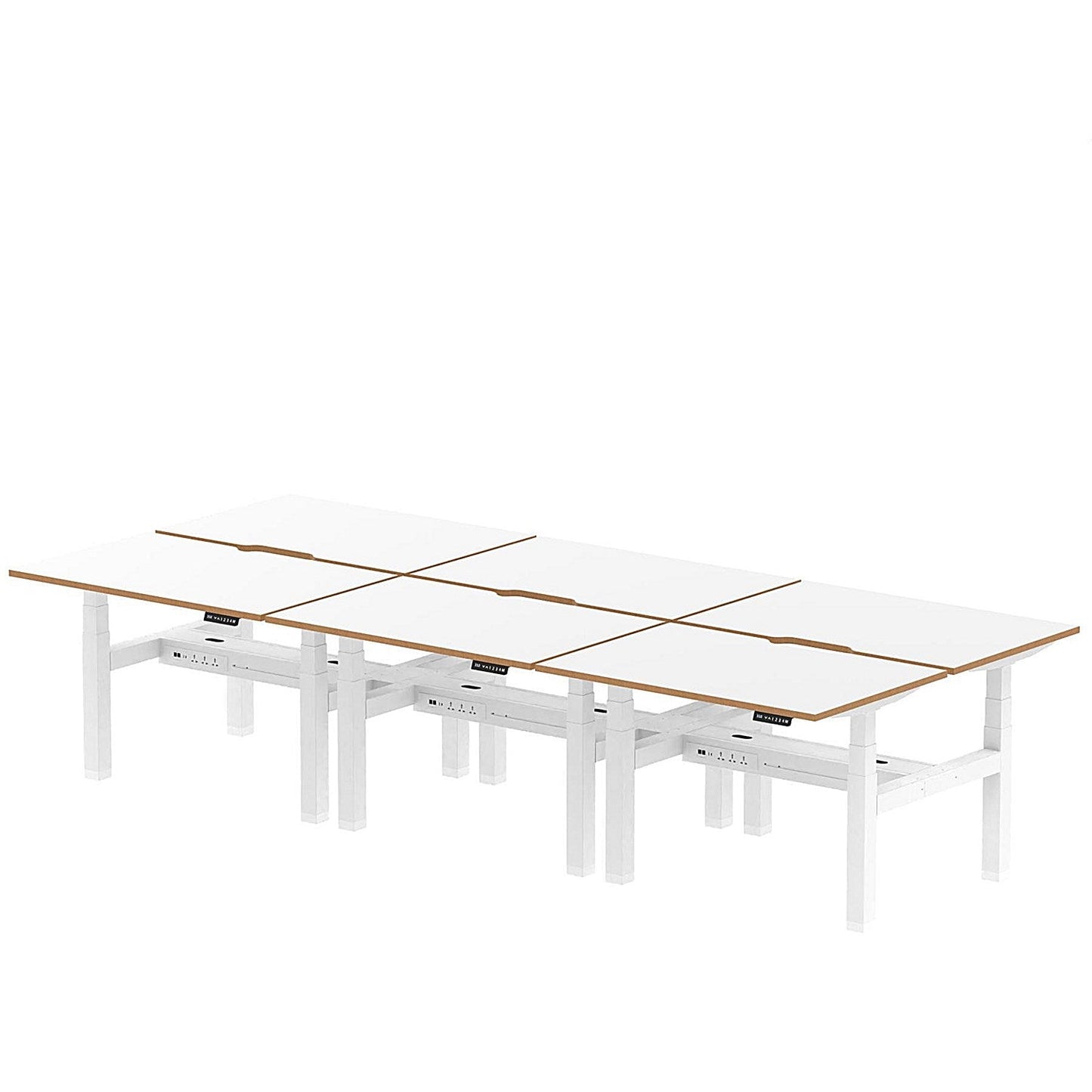 Oslo 6 Person Sit-Standing Bench Desk, Back to Back, 6 x 1200mm (800mm Deep), White Frame, White with Wooden Edge Easy2Order : HA03044