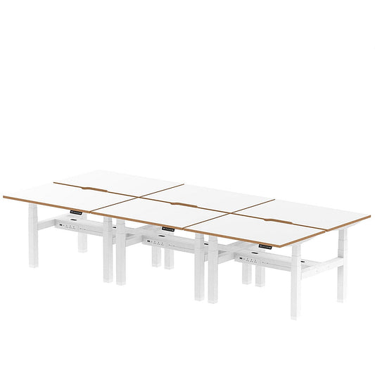 Oslo 6 Person Sit-Standing Bench Desk, Back to Back, 6 x 1200mm (800mm Deep), White Frame, White with Wooden Edge Easy2Order : HA03044
