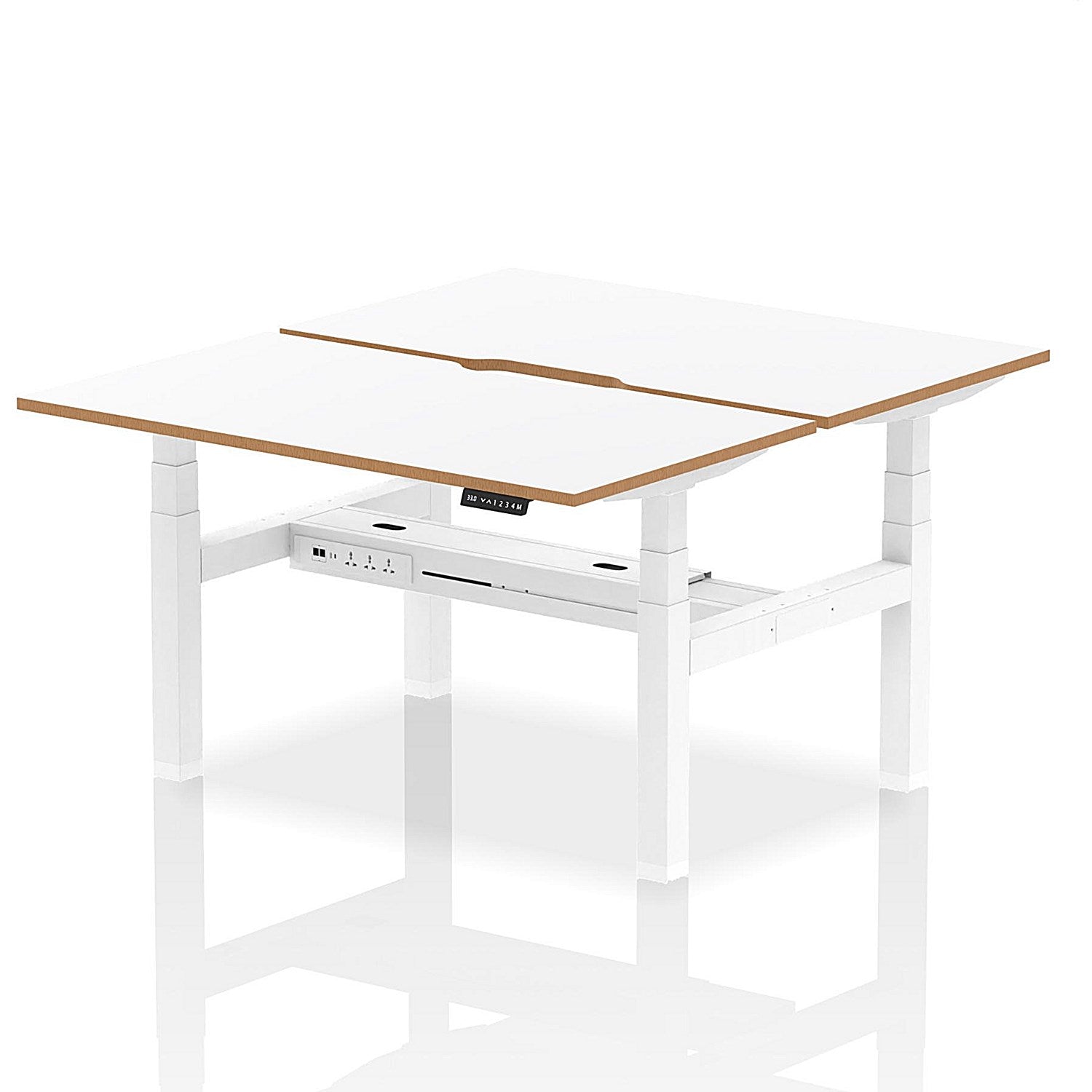 Oslo 2 Person Sit-Standing Bench Desk, Back to Back, 2 x 1400mm (800mm Deep), White Frame, White with Wooden Edge Easy2Order : HA03048