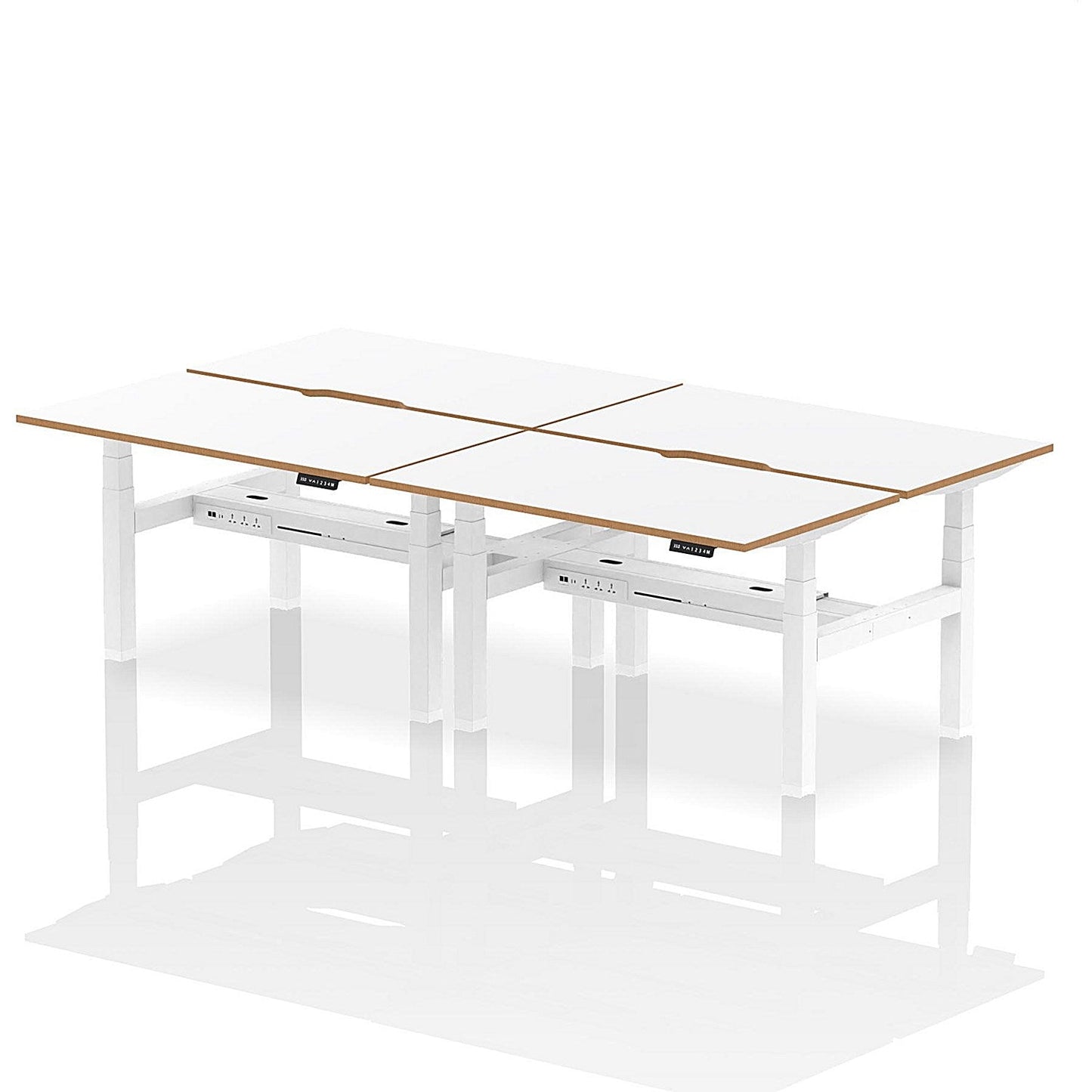 Oslo 4 Person Sit-Standing Bench Desk, Back to Back, 4 x 1400mm (800mm Deep), White Frame, White with Wooden Edge Easy2Order : HA03049