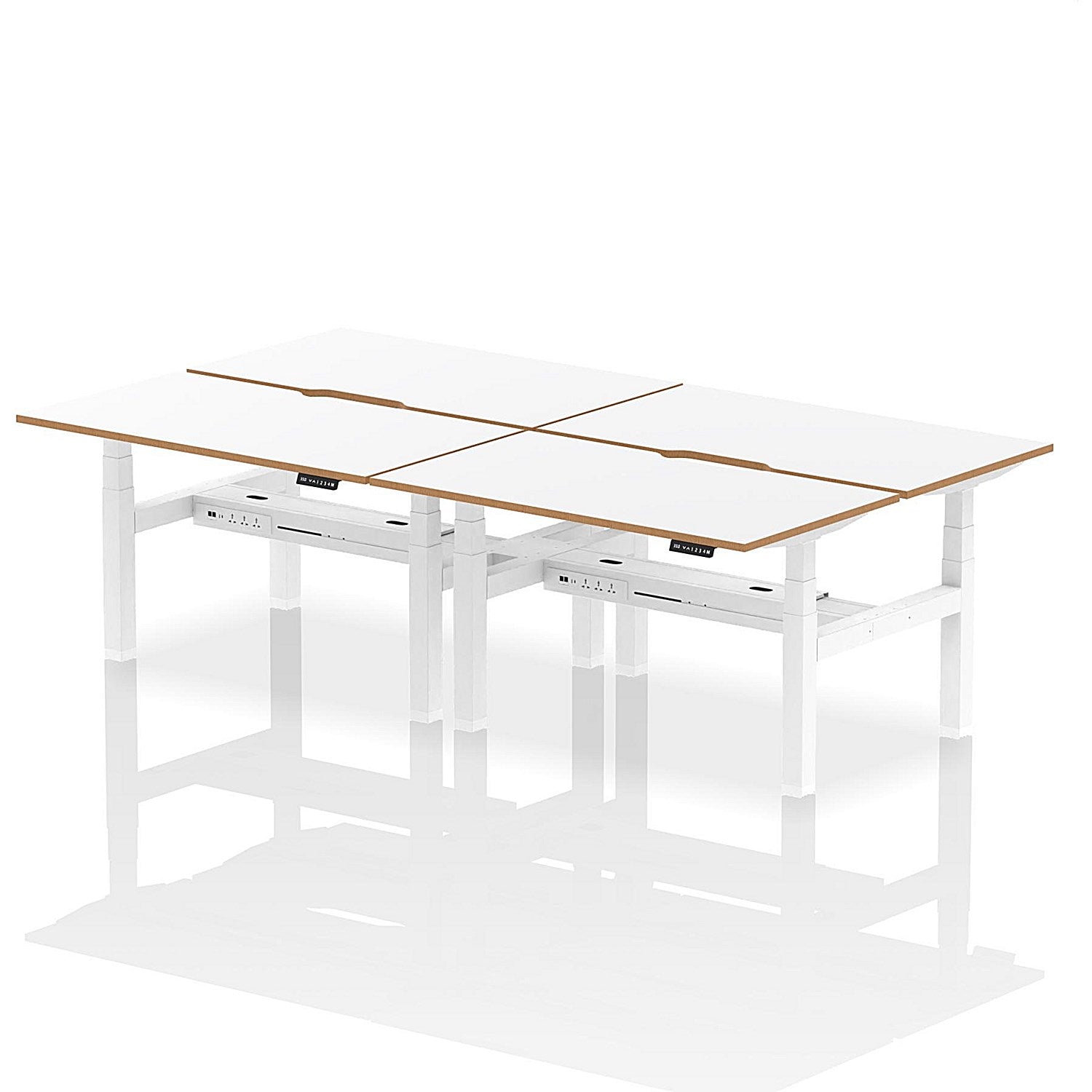 Oslo 4 Person Sit-Standing Bench Desk, Back to Back, 4 x 1400mm (800mm Deep), White Frame, White with Wooden Edge Easy2Order : HA03049