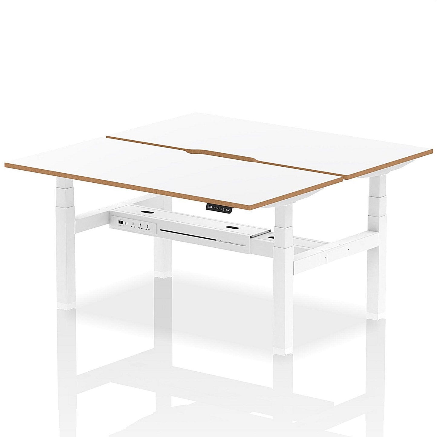 Oslo 2 Person Sit-Standing Bench Desk, Back to Back, 2 x 1600mm (800mm Deep), White Frame, White with Wooden Edge Easy2Order : HA03054