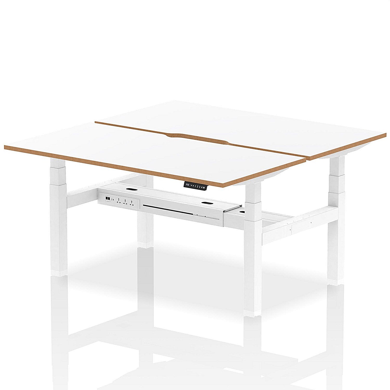 Oslo 2 Person Sit-Standing Bench Desk, Back to Back, 2 x 1600mm (800mm Deep), White Frame, White with Wooden Edge Easy2Order : HA03054