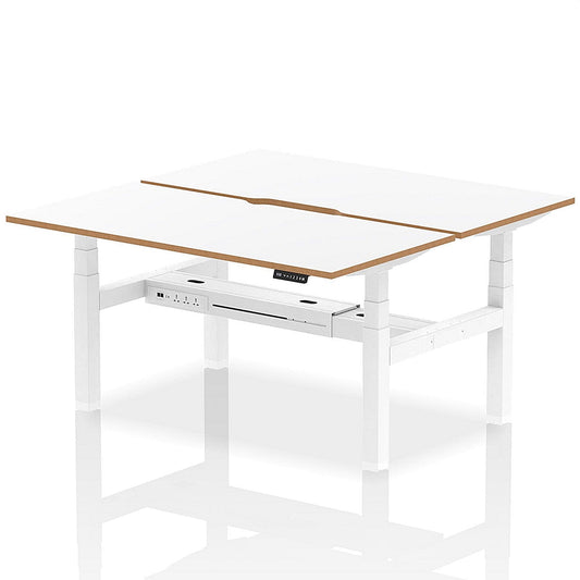 Oslo 2 Person Sit-Standing Bench Desk, Back to Back, 2 x 1600mm (800mm Deep), White Frame, White with Wooden Edge Easy2Order : HA03054