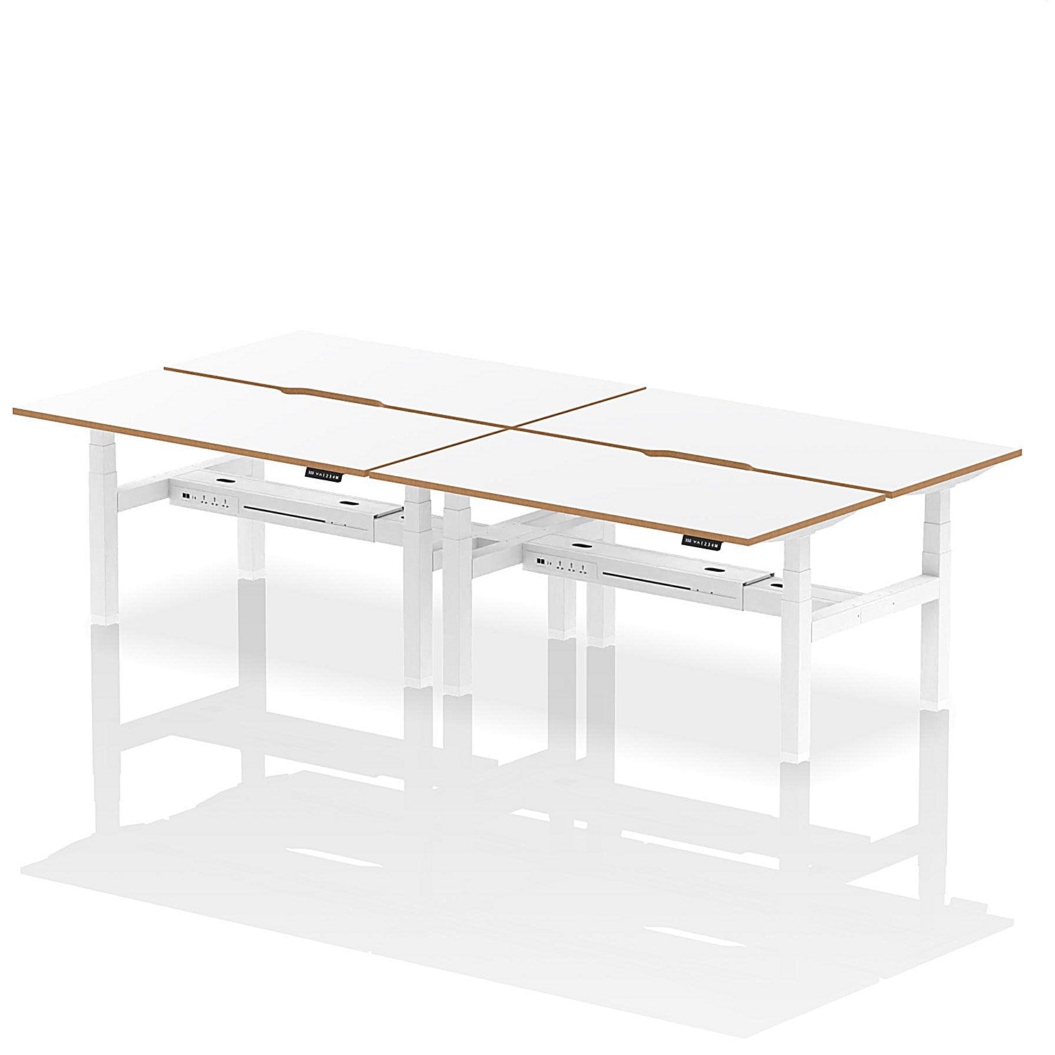 Oslo 4 Person Sit-Standing Bench Desk, Back to Back, 4 x 1600mm (800mm Deep), White Frame, White with Wooden Edge Easy2Order : HA03055
