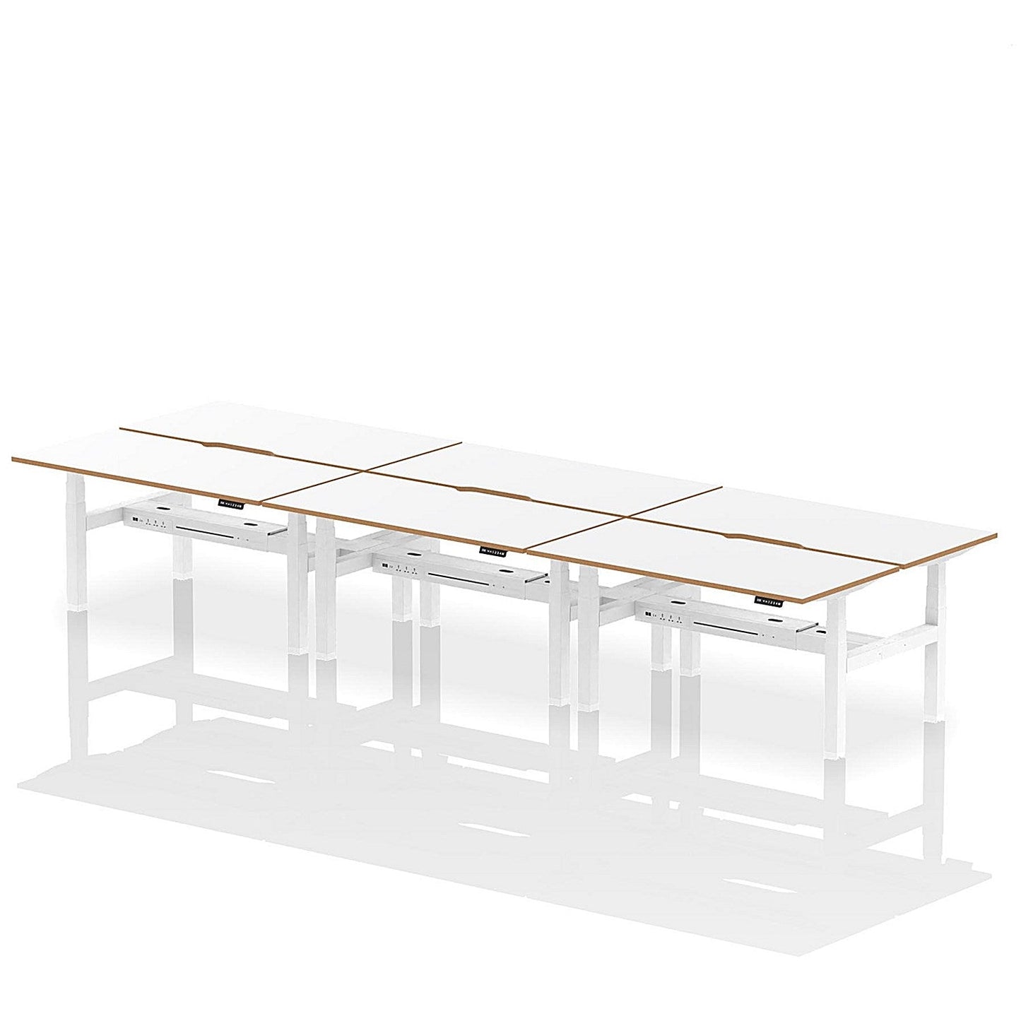Oslo 6 Person Sit-Standing Bench Desk, Back to Back, 6 x 1600mm (800mm Deep), White Frame, White with Wooden Edge Easy2Order : HA03056