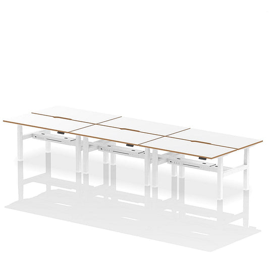 Oslo 6 Person Sit-Standing Bench Desk, Back to Back, 6 x 1600mm (800mm Deep), White Frame, White with Wooden Edge Easy2Order : HA03056