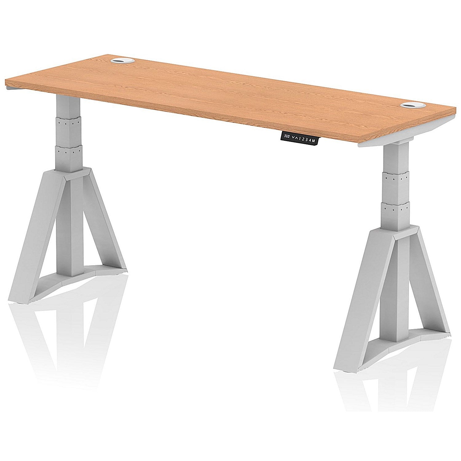 Air 1600mm Slim Height Adjustable Cable Ports Desk, Silver Leg with Piste Foot, Oak Easy2Order : HA03299