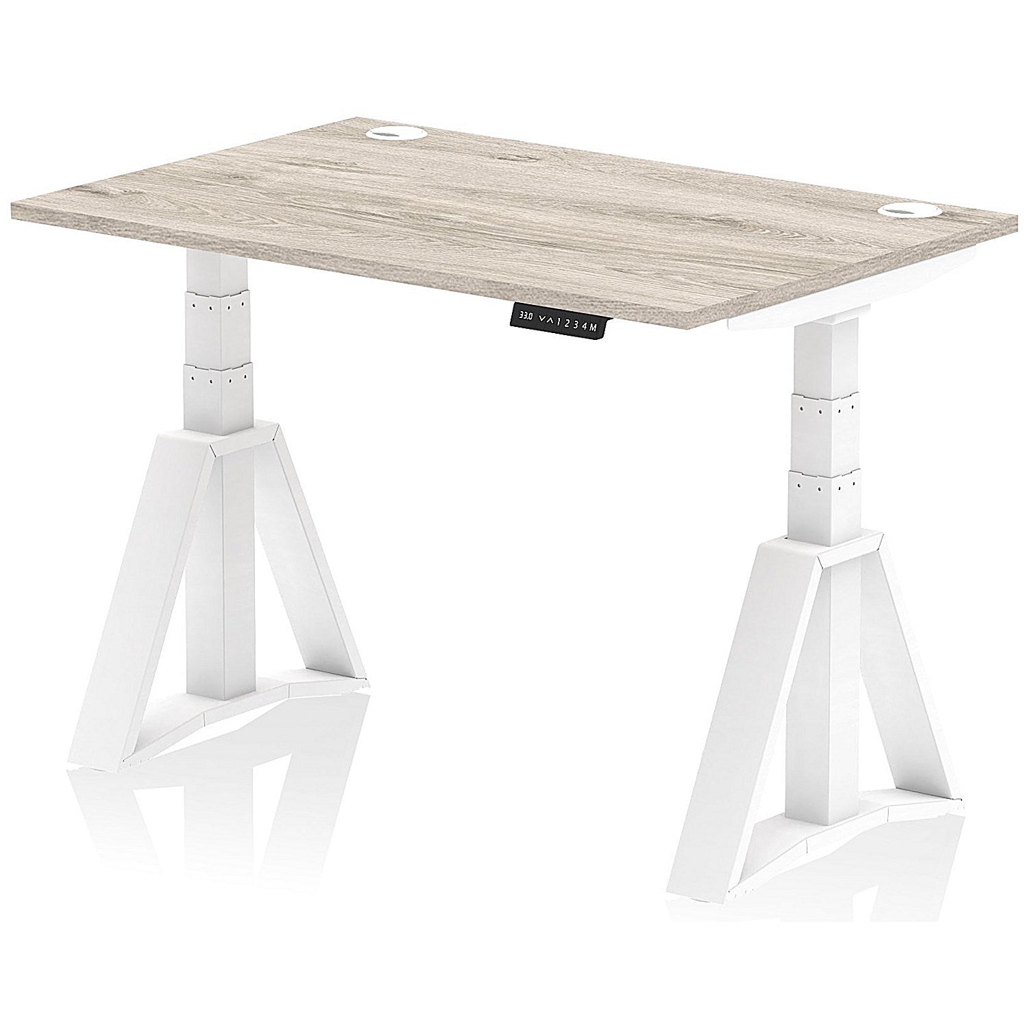 Air 1200mm Height Adjustable Cable Port Desk, White Leg with Piste Foot, Grey Oak Easy2Order : HA03330