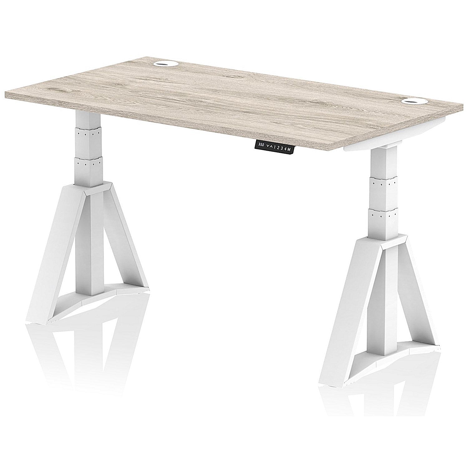 Air 1400mm Height Adjustable Cable Port Desk, White Leg with Piste Foot, Grey Oak Easy2Order : HA03332