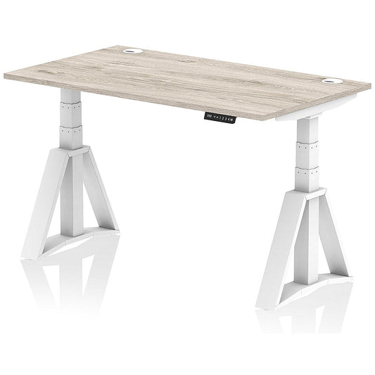 Air 1400mm Height Adjustable Cable Port Desk, White Leg with Piste Foot, Grey Oak Easy2Order : HA03332