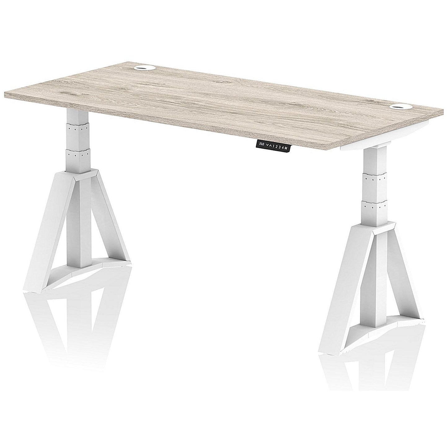 Air 1600mm Height Adjustable Cable Ports Desk, White Leg with Piste Foot, Grey Oak Easy2Order : HA03334