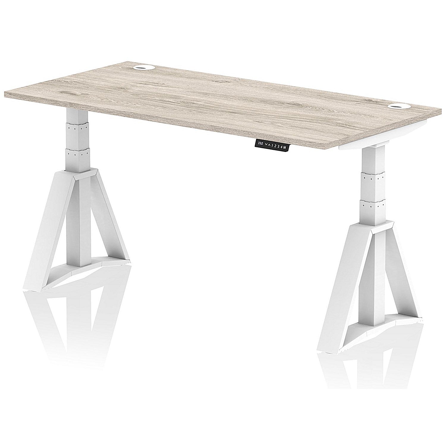 Air 1600mm Height Adjustable Cable Ports Desk, White Leg with Piste Foot, Grey Oak Easy2Order : HA03334
