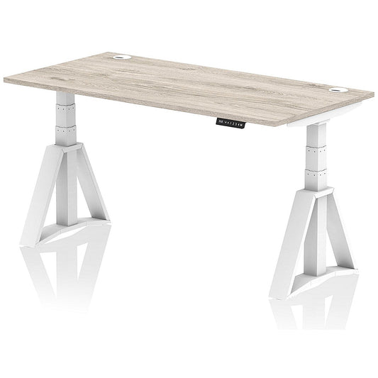 Air 1600mm Height Adjustable Cable Ports Desk, White Leg with Piste Foot, Grey Oak Easy2Order : HA03334