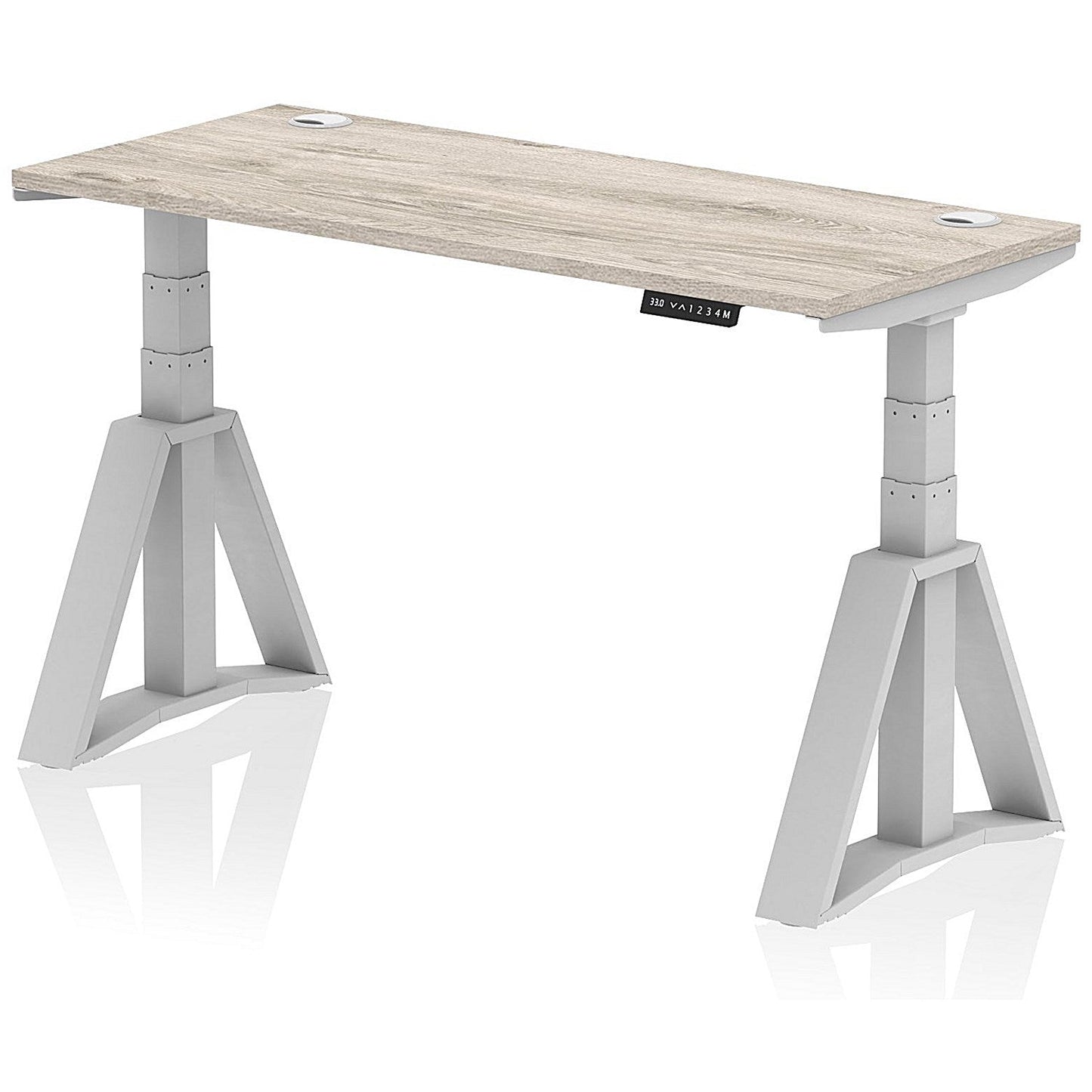 Air 1400mm Slim Height Adjustable Cable Ports Desk, Silver Leg with Piste Foot, Grey Oak Easy2Order : HA03338