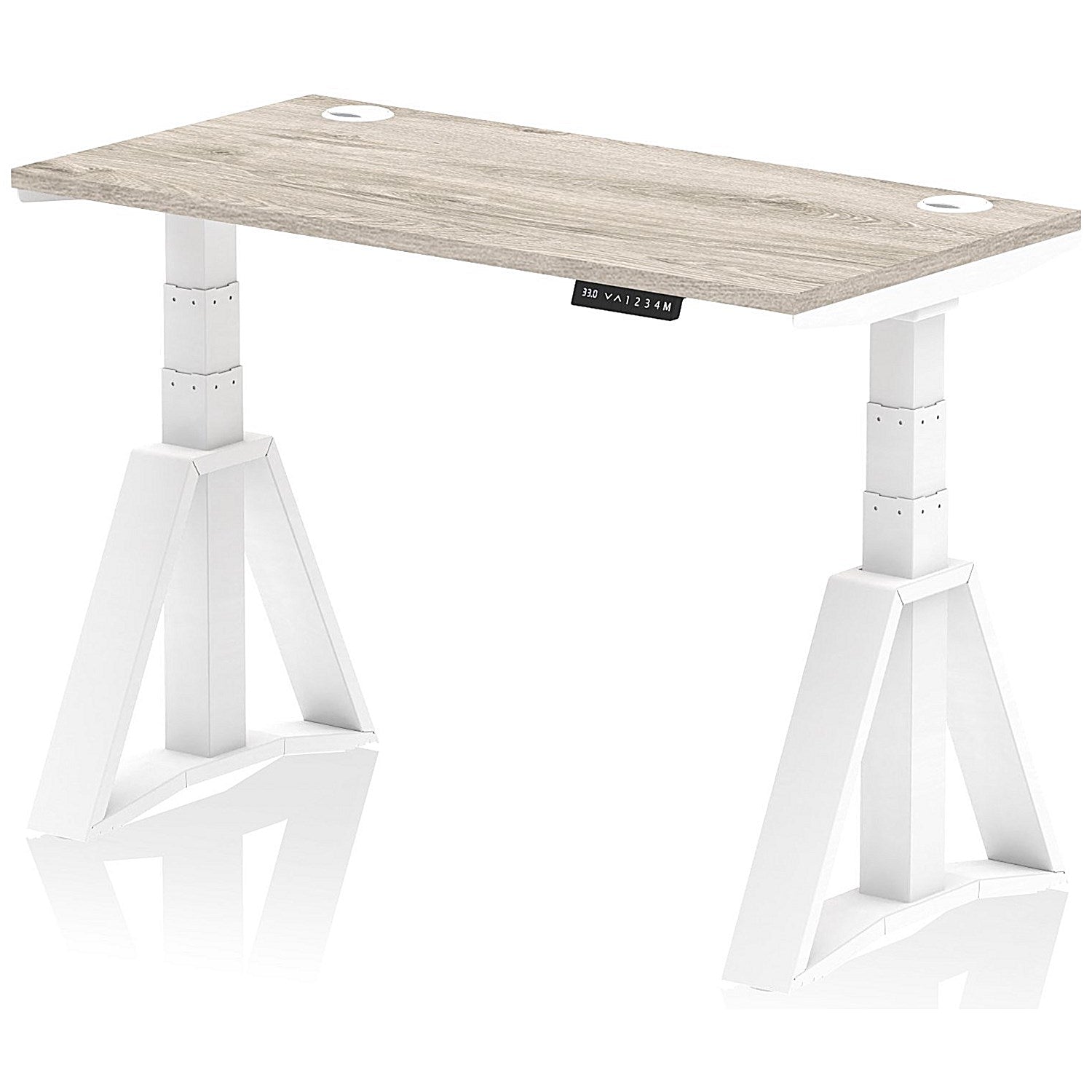 Air 1200mm Slim Height Adjustable Cable Ports Desk, White Leg with Piste Foot, Grey Oak Easy2Order : HA03341