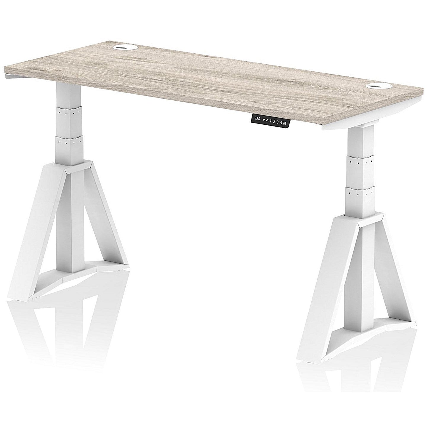 Air 1400mm Slim Height Adjustable Cable Ports Desk, White Leg with Piste Foot, Grey Oak Easy2Order : HA03342
