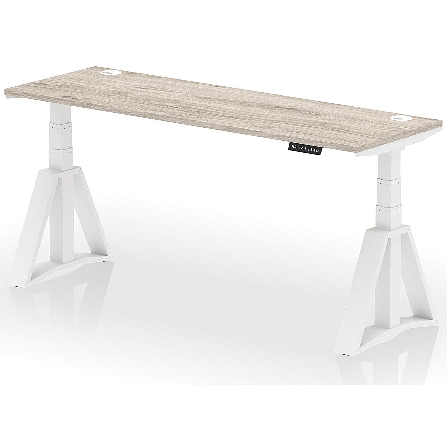 Air 1800mm Slim Height Adjustable Cable Ports Desk, White Leg with Piste Foot, Grey Oak Easy2Order : HA03344